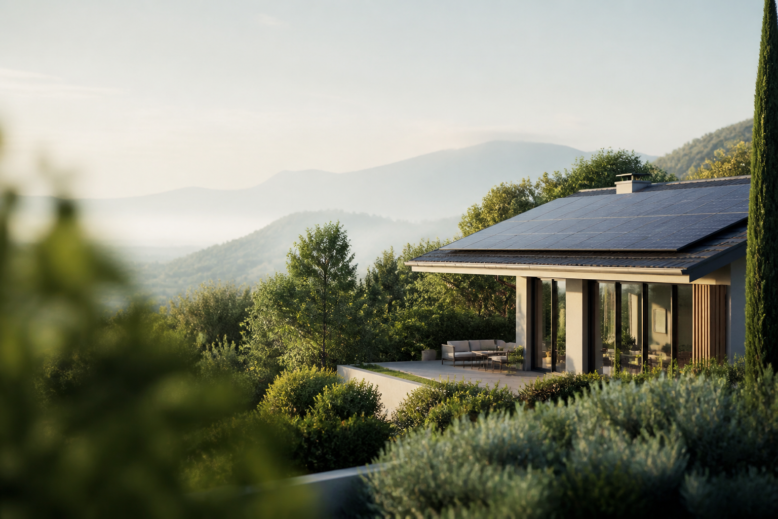 Casa con impianto fotovoltaico in un paesaggio italiano